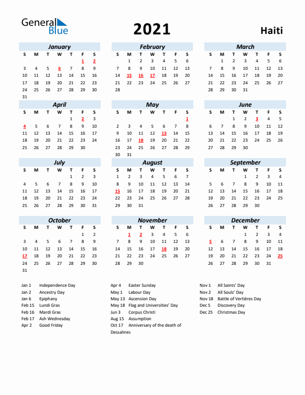 2021 Calendar for Haiti with Holidays