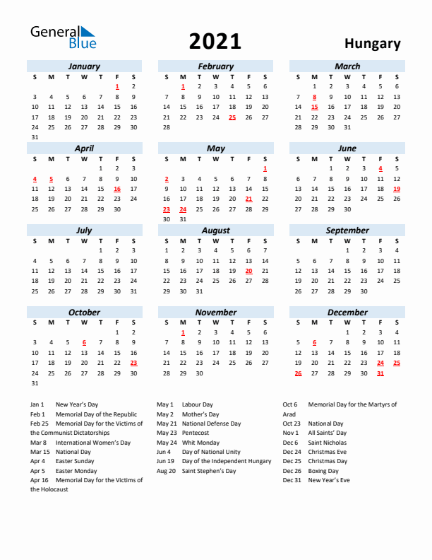 2021 Calendar for Hungary with Holidays