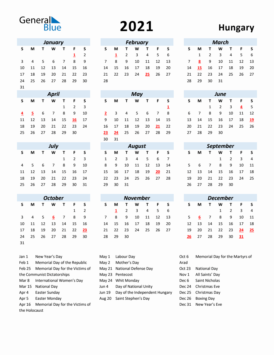 2021 Yearly Calendar For Hungary With Holidays