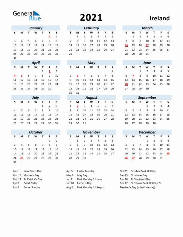 2021 Calendar for Ireland with Holidays