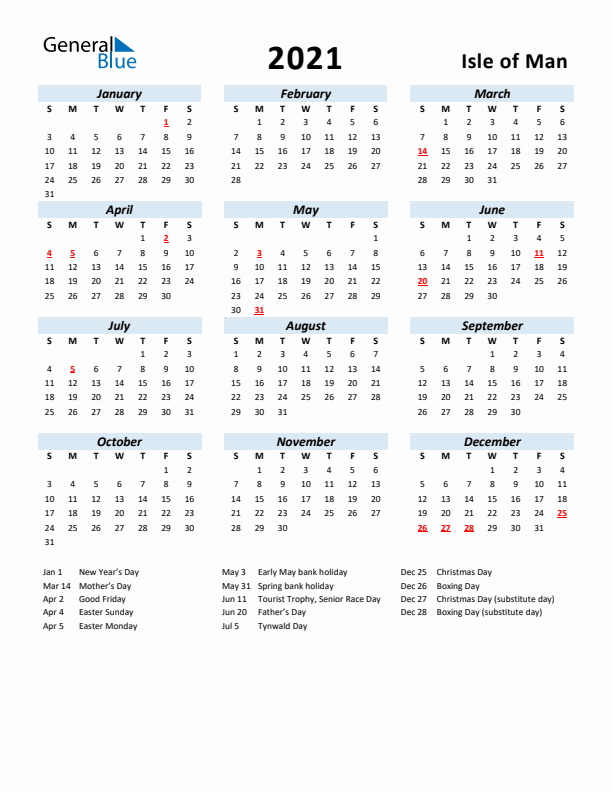 2021 Calendar for Isle of Man with Holidays