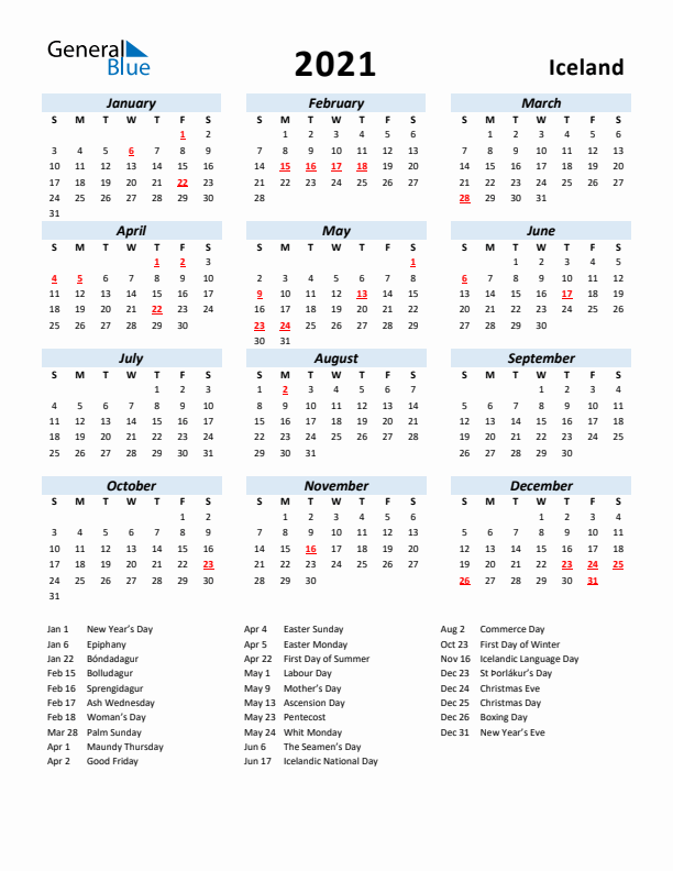 2021 Calendar for Iceland with Holidays