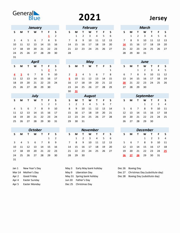 2021 Calendar for Jersey with Holidays