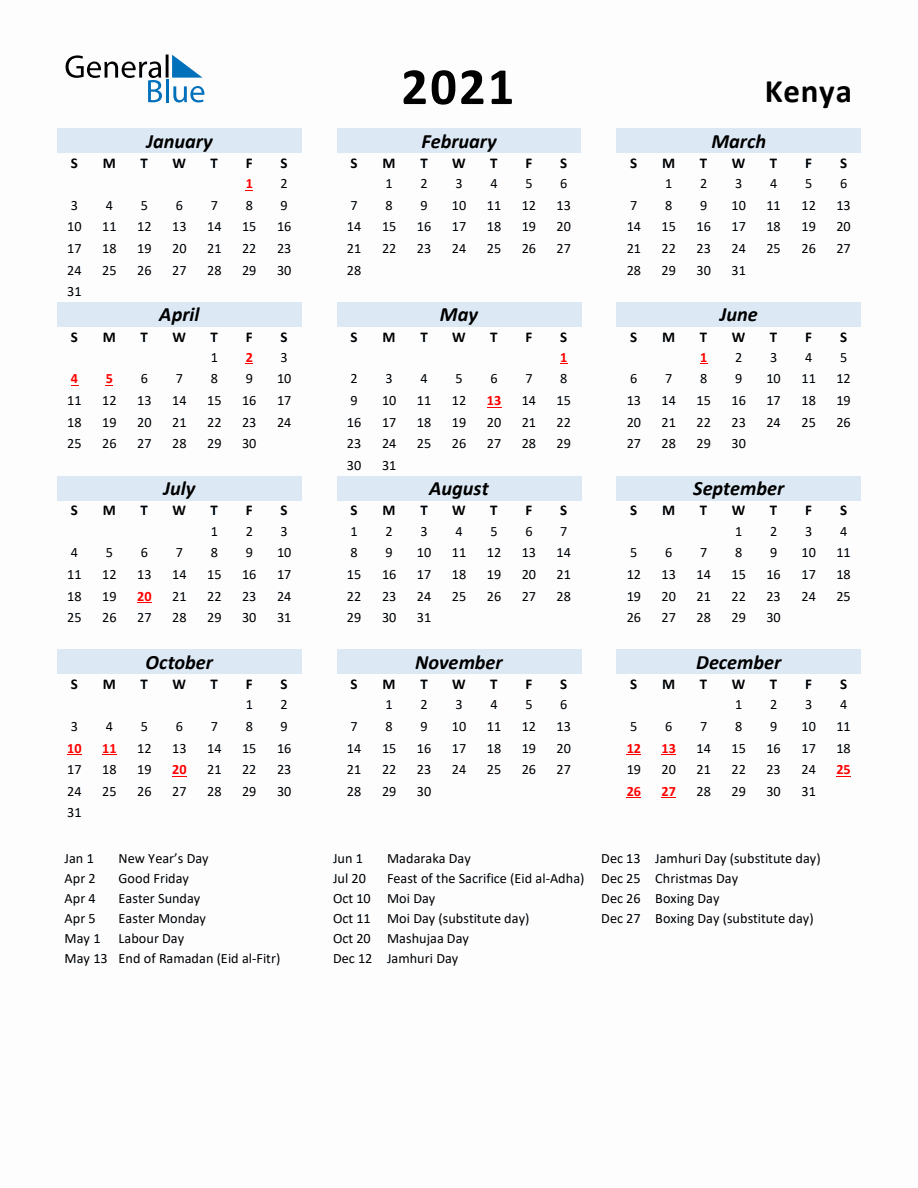 2021 Yearly Calendar for Kenya with Holidays