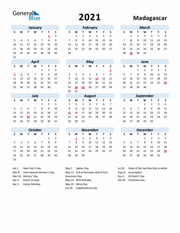 2021 Calendar for Madagascar with Holidays