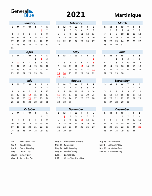 2021 Calendar for Martinique with Holidays