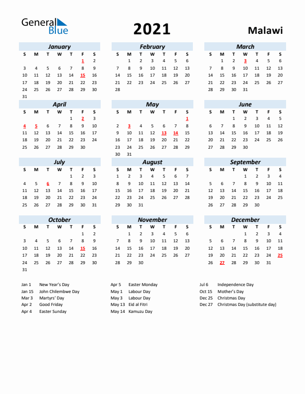 2021 Calendar for Malawi with Holidays