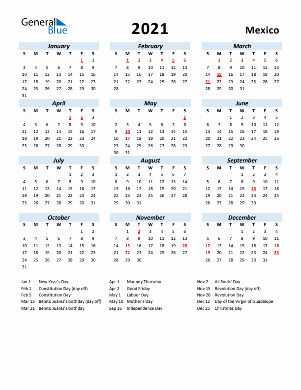 2021 Calendar for Mexico with Holidays
