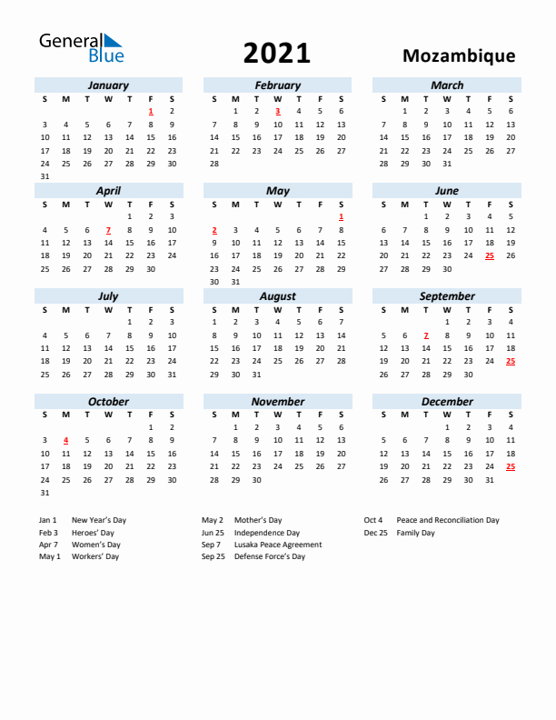 2021 Calendar for Mozambique with Holidays