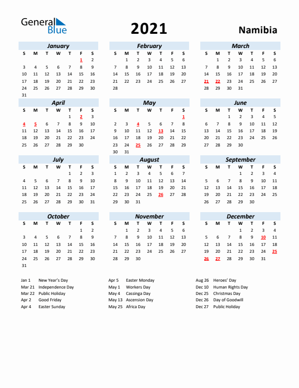 2021 Calendar for Namibia with Holidays