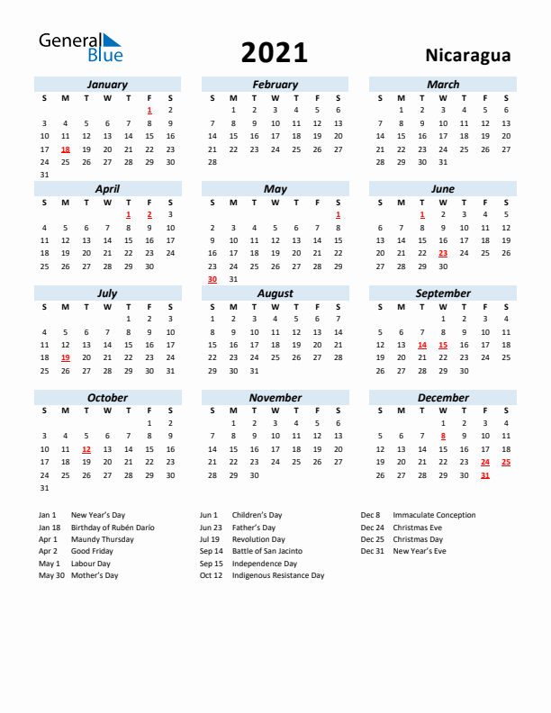 2021 Calendar for Nicaragua with Holidays