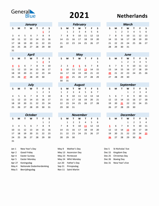 2021 Calendar for Netherlands with Holidays