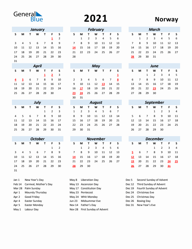 2021 Calendar for Norway with Holidays