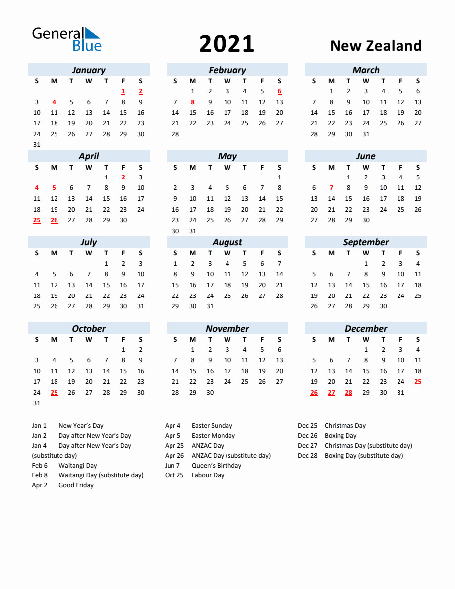 2021 Yearly Calendar for New Zealand with Holidays