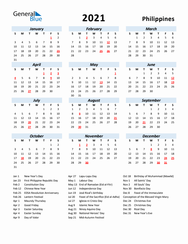 2021 Calendar for Philippines with Holidays
