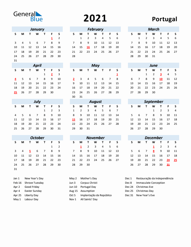 2021 Calendar for Portugal with Holidays