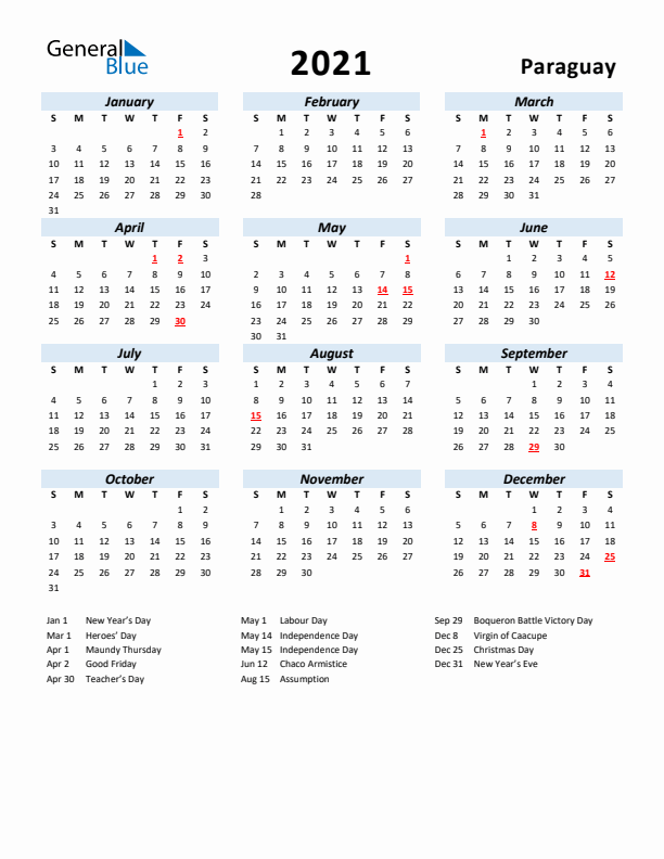 2021 Calendar for Paraguay with Holidays