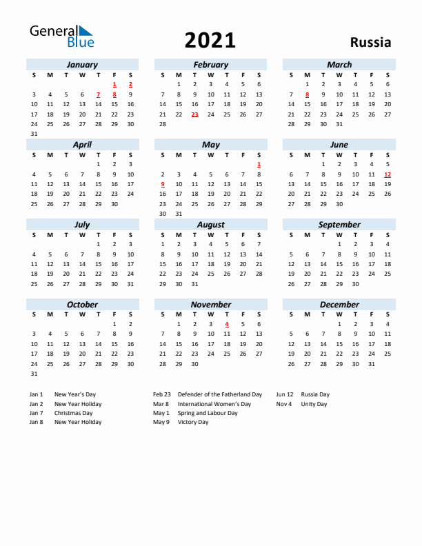 2021 Calendar for Russia with Holidays