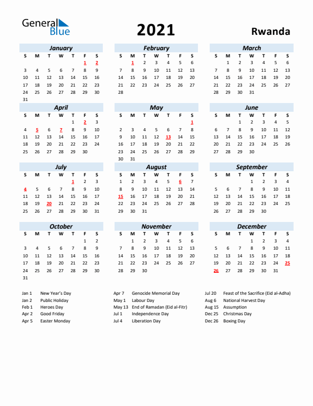 2021 Calendar for Rwanda with Holidays