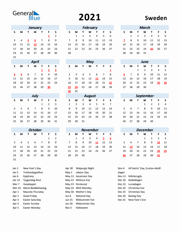 2021 Calendar for Sweden with Holidays