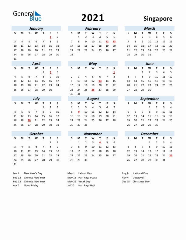 2021 Calendar for Singapore with Holidays