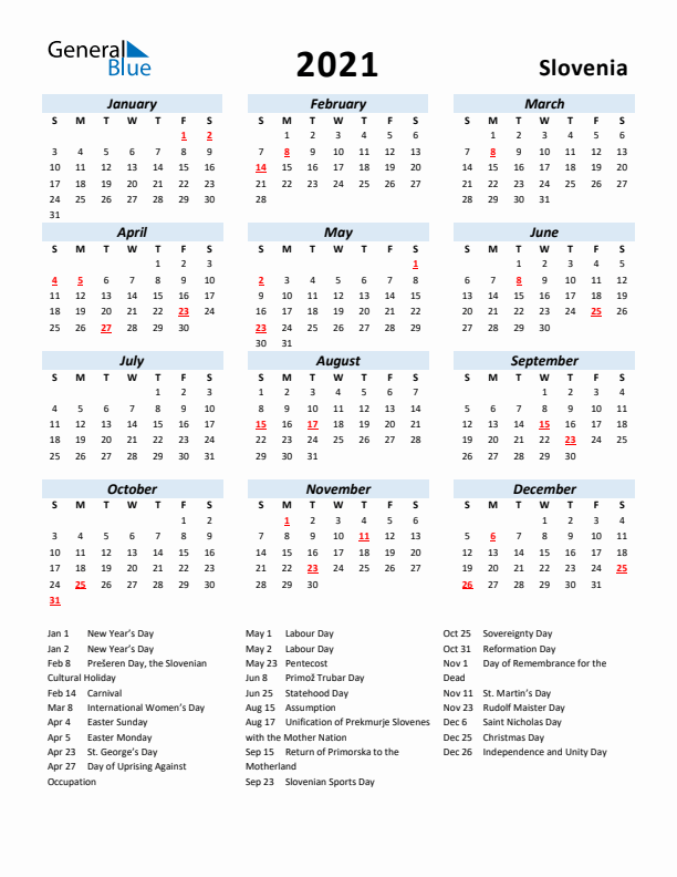 2021 Calendar for Slovenia with Holidays
