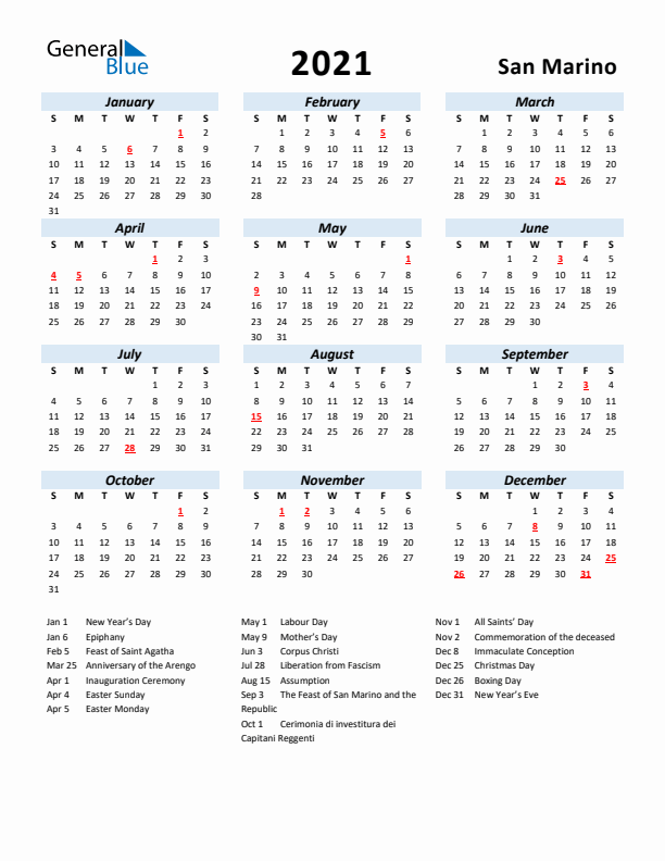 2021 Calendar for San Marino with Holidays