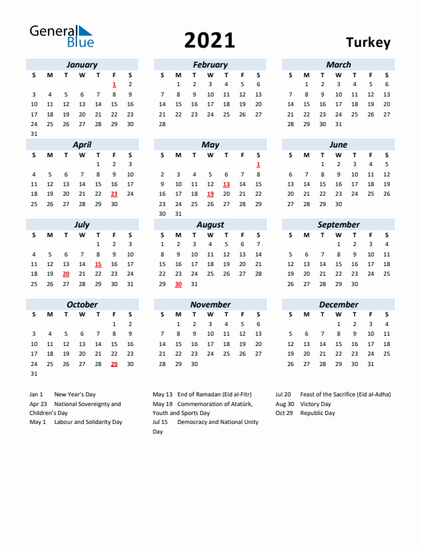 2021 Calendar for Turkey with Holidays
