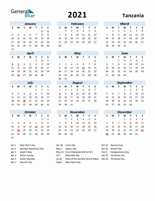 2021 Calendar for Tanzania with Holidays