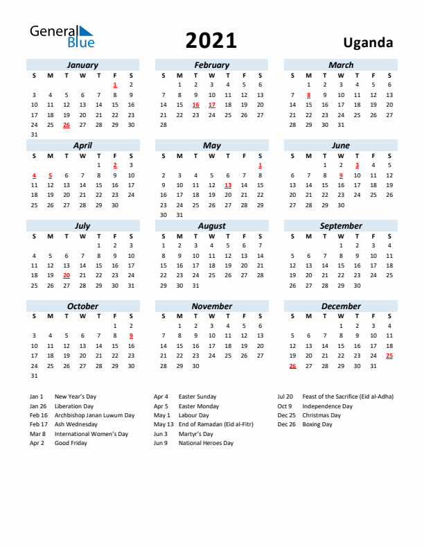 2021 Calendar for Uganda with Holidays