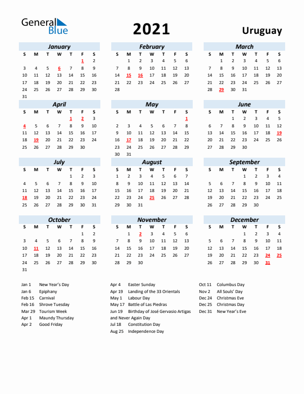 2021 Calendar for Uruguay with Holidays