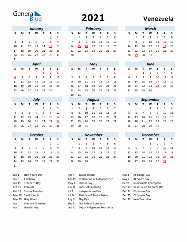 2021 Calendar for Venezuela with Holidays