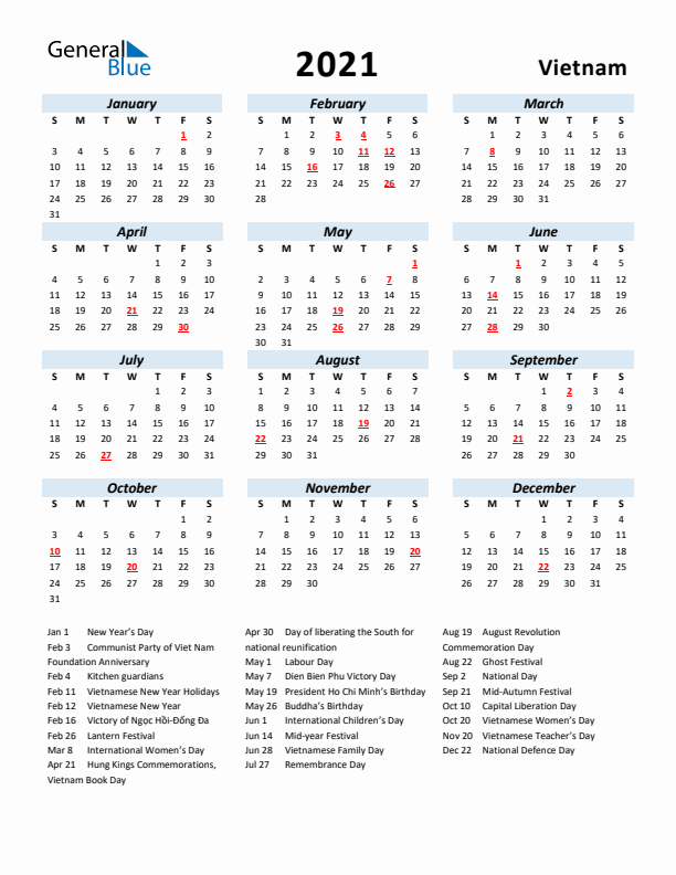 2021 Calendar for Vietnam with Holidays