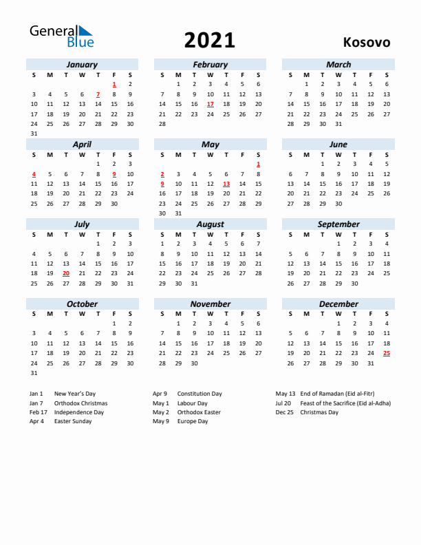 2021 Calendar for Kosovo with Holidays