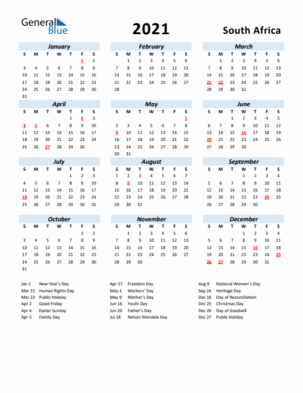 2021 Calendar for South Africa with Holidays