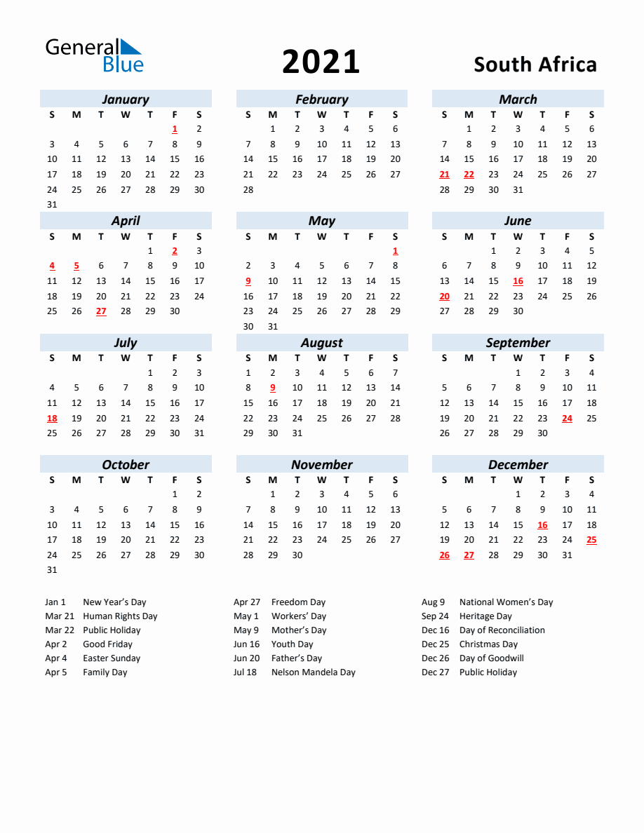 2021 Yearly Calendar for South Africa with Holidays