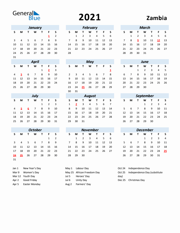 2021 Calendar for Zambia with Holidays