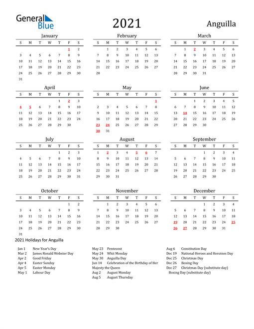 Anguilla Holidays Calendar for 2021