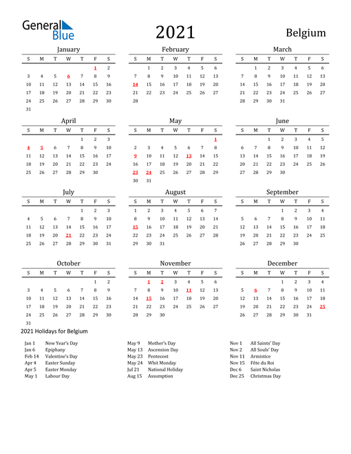 2021 Calendar - Belgium with Holidays