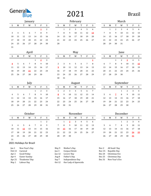 2021 Brazil Calendar with Holidays