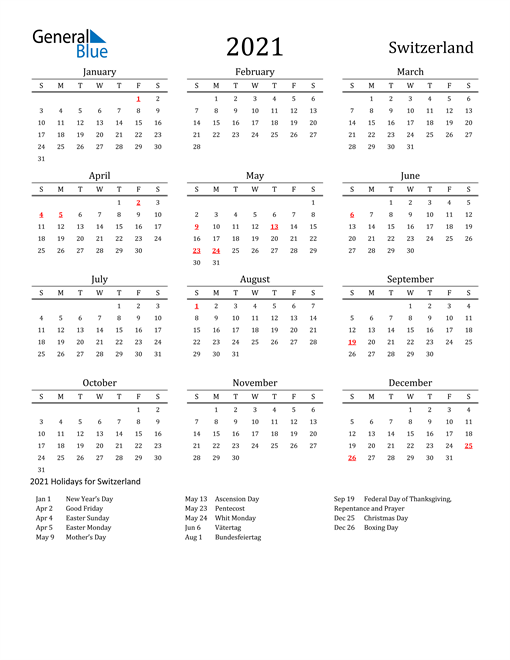 2021 Switzerland Calendar with Holidays