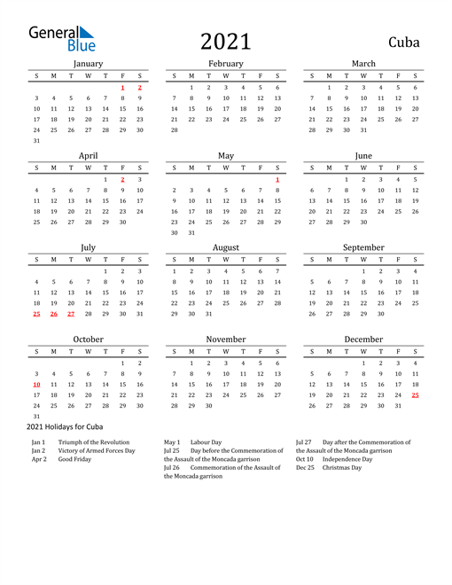 Cuba Holidays Calendar for 2021