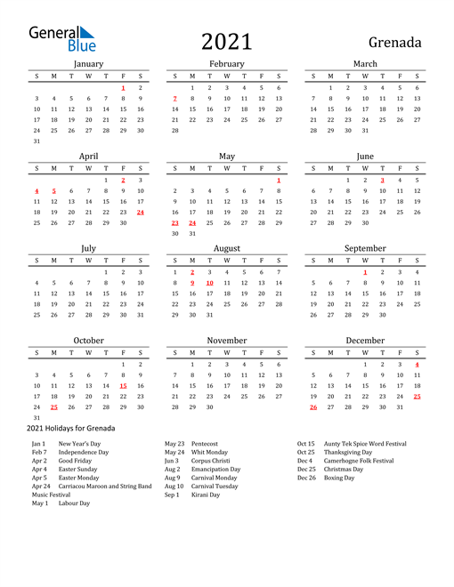 2021 Grenada Calendar with Holidays