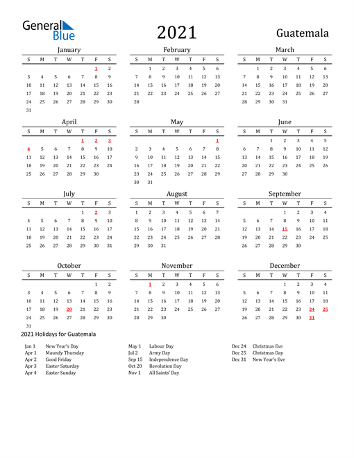 Guatemala Holidays Calendar for 2021