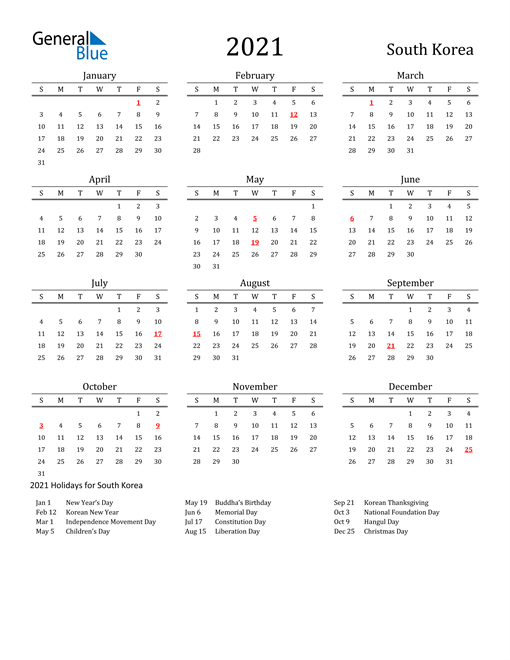 2021 South Korea Calendar With Holidays