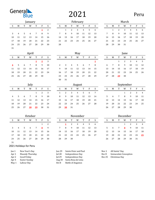 2021 Peru Calendar with Holidays