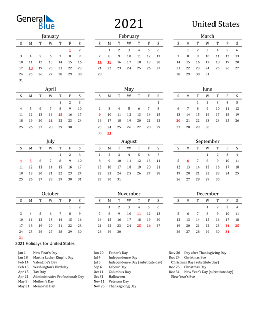 2021 Calendar United States With Holidays