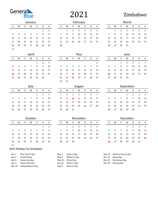 Zimbabwe Holidays Calendar for 2021