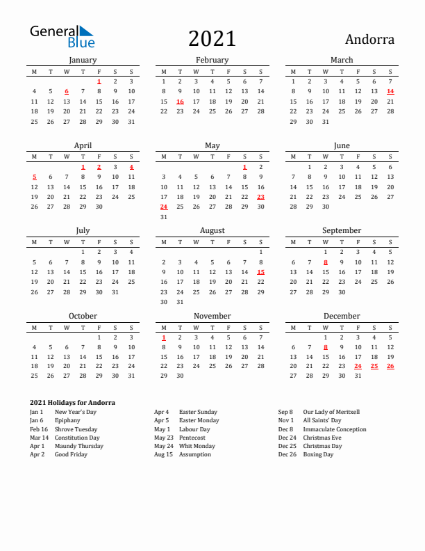 Andorra Holidays Calendar for 2021