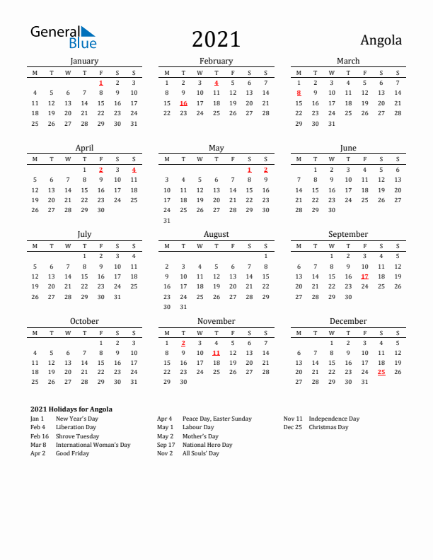 Angola Holidays Calendar for 2021